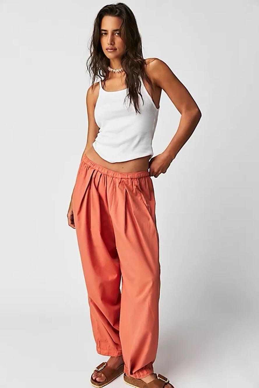 Free People To The Sky Parachute Pants Women Medium Orange Harem Boho Pull On
